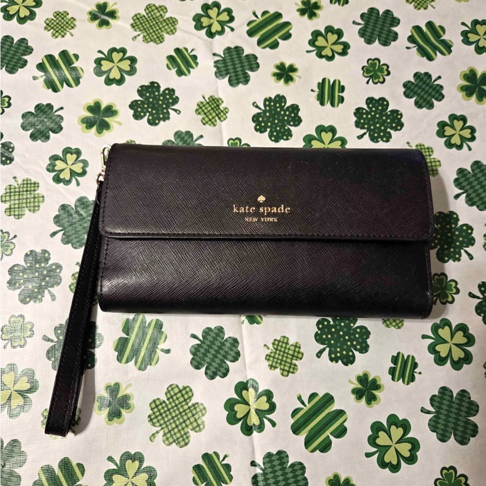 kate spade black leather passport wallet with gold logo